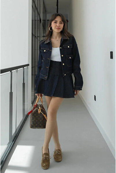 My Blog Σκούρο Ναυτικό Μπλε Πλισέ Μίνι Φούστα και Σακάκι - 0984