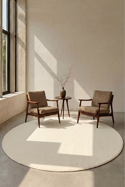 Round Mest Cream Premium Velvety Carpet Living Room-Living Room-Kitchen-Non-Slip Sole-Washable