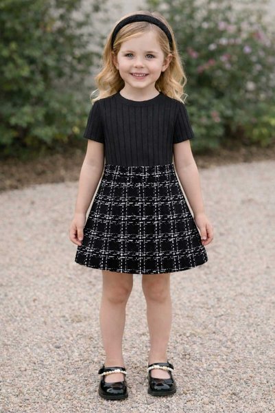 cınartarzbutik Girl's Plaid Skirt and Short-Sleeved Blouse 2-Piece Holiday Tr...