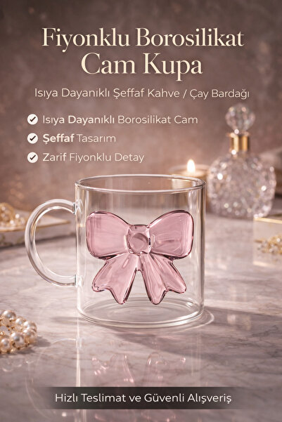 DİVAYS Bowknot Borosilicate Glass Mug Heat Resistant Transparent Coffee and T...