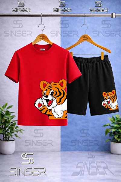 SS SİNSER تي شيرت للأطفال مطبوع عليه YANDAN CUTE TIGER برقبة دائرية - طقم شورت