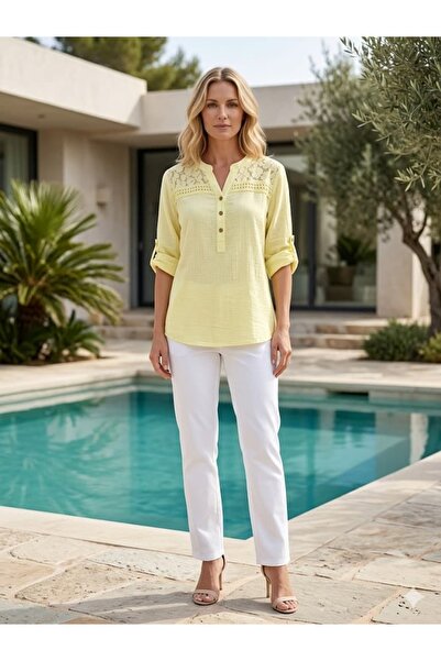 Punta Otantik YG83303 Ιταλική μπλούζα με δαντέλα στους ώμους από βαμβάκι, κίτ...