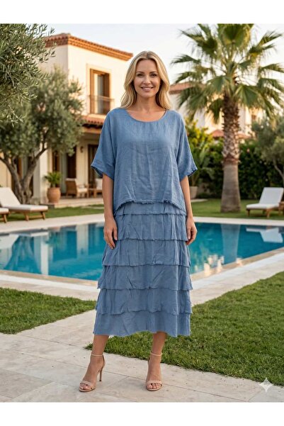 Punta Otantik NC20831 Ιταλικό λινό φόρεμα με βολάν σε μπλε χρώμα