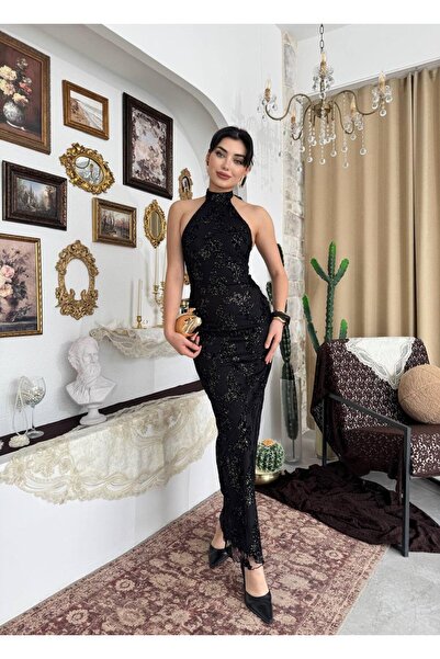 MBK Fashion Siyah Sim Baskılı Halter Yaka Uzun Abiye Elbise