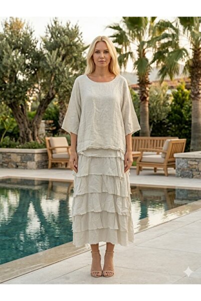 Punta Otantik NC20831 Κρέμα ιταλικού φορέματος από λινό με βολάν