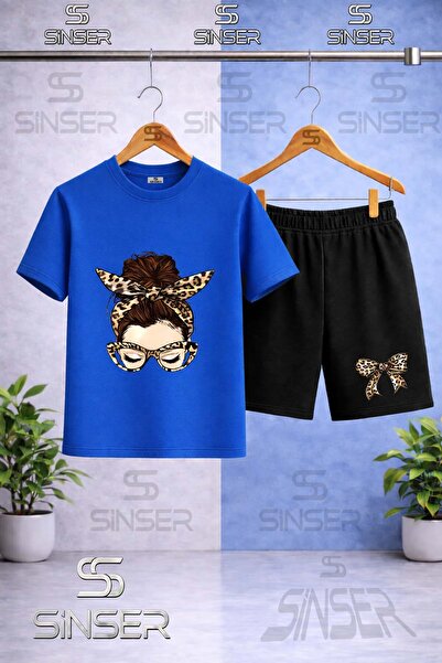 SS SİNSER Kids' Girls Leopard Striped Printed Crew Neck T-Shirt - Shorts Set
