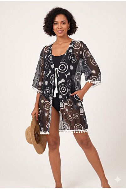 randevu Πολύχρωμο εμπριμέ φόρεμα παραλίας από τούλι με πομπόν και κεντημένη π...