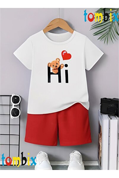 tombix Hearted Hi̇ Bear Printed T-Shirt Shorts Summer Children's Set