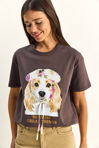 Bianco Lucci Γυναικείο μπλουζάκι με στάμπα και λεπτομέρεια από πούλιες, βασικ...