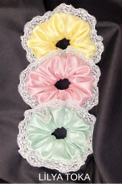 TOKALİLYA Kadın saten dantelli lastikli scrunchie toka