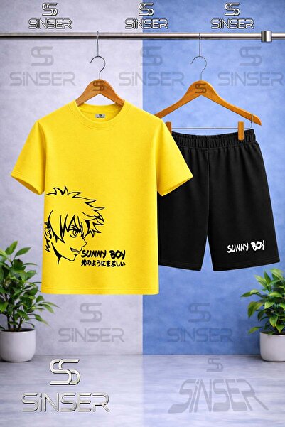 SS SİNSER Kids' Sunny Boy Black Printed Crew Neck T-Shirt - Shorts Set