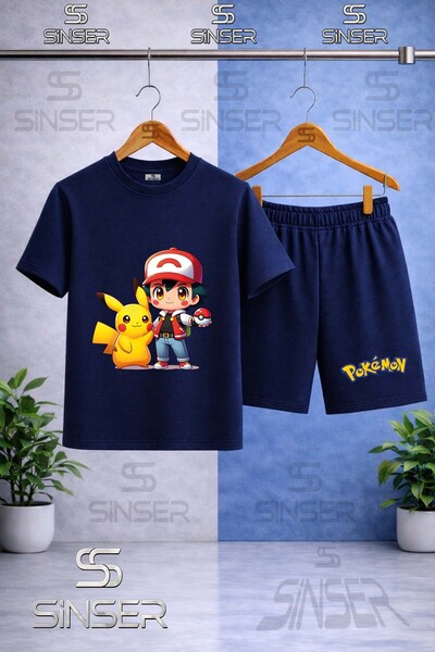 SS SİNSER Children's Pikhacu Esli Ikil Printed Crew Neck T-Shirt - Shorts Set
