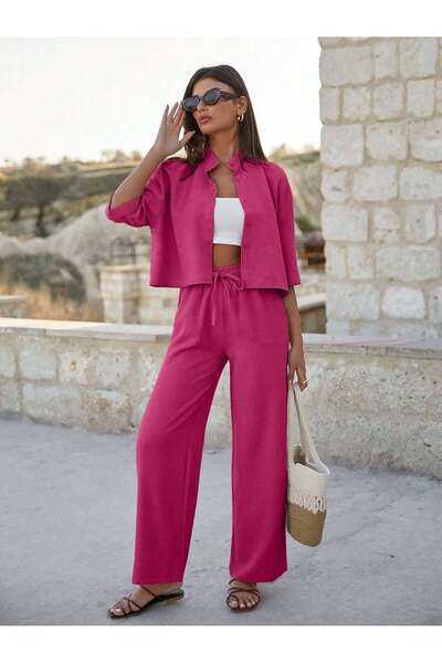 DUUE FASHİON Φούξια Χρώμα Άνετο Πουκάμισο με Χαλαρή Εφαρμογή & Παντελόνι με Ε...