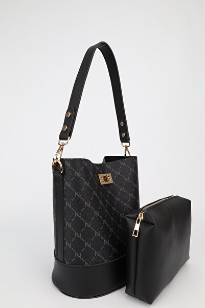 NOTHING Γυναικείο μονόγραμμο μαύρο πορτοφόλι με λεπτομέρεια κουβά, μοντέλο τσ...