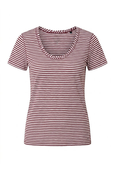 Kadın Kiremit Beyaz Çizgili U Yaka %100 Pamuklu Slim Fit Tişört