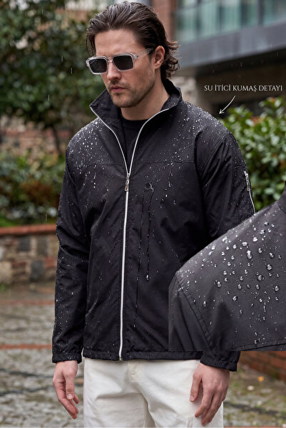 Tonny Black Ανδρικό μαύρο αδιάβροχο ανοιξιάτικο μπουφάν με λεπτομέρεια φερμου...