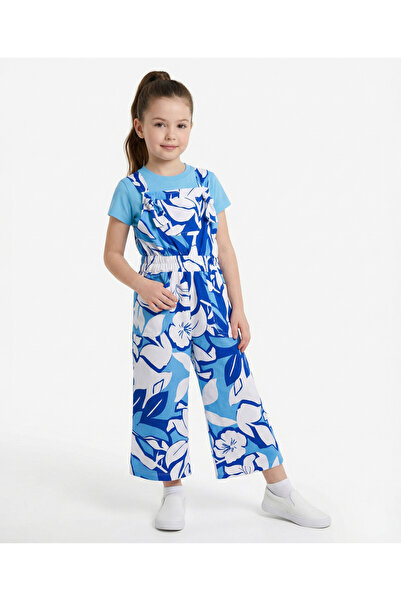 Ollington St. Floral Printed Knit Dungaree & Half Sleeves Inner Tee - White &...