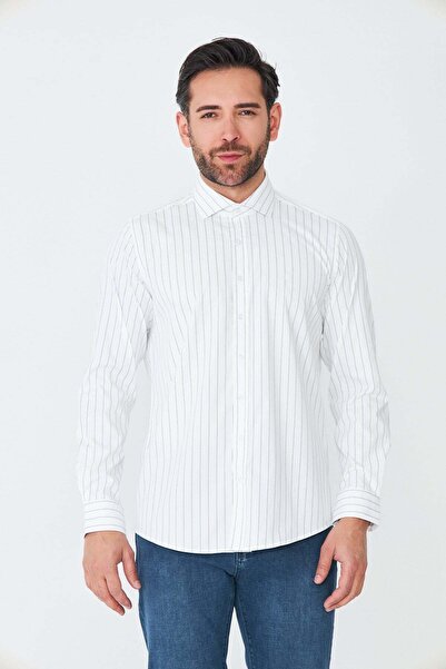 White Stone Λευκό ναυτικό μπλε ριγέ ανδρικό πουκάμισο σε στενή γραμμή
