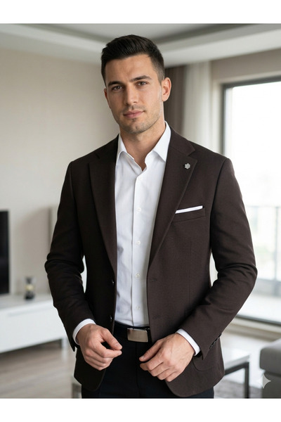 İMAJ MAĞAZACILIK Erkek Kahverengi Micro Dokulu Slim Fit Blazer Tek Ceket - Sm...