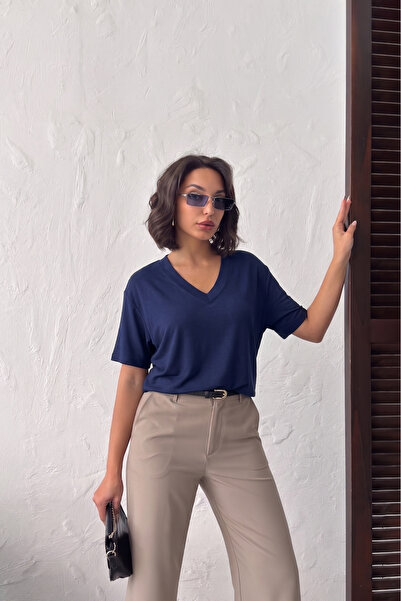 NEW JOURNAL Tricou de bază pentru femei, albastru marin, cu decolteu în V și ...