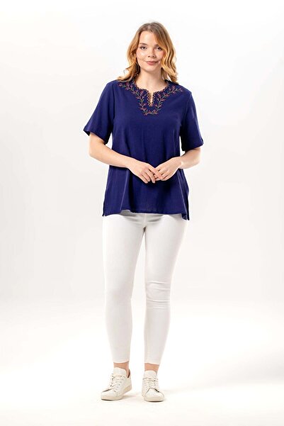 Eliş Şile Bezi Κοντομάνικη Κεντημένη Μπλούζα Νεβίν με λαιμόκοψη V, Καλοκαιριν...