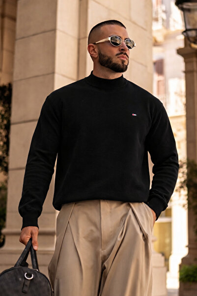 hacker Men's Winter Half Turtleneck Premium Black Knitwear Sweater