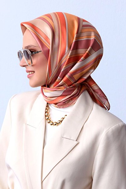 Belli Twill İpek Eşarp Turuncu, Krem