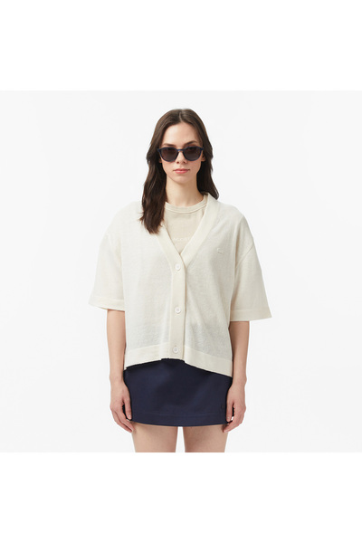 Lacoste Kadın Relaxed Fit Kısa Kollu V Yaka Keten Krem Hırka