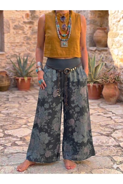 AYASOFYA OTANTIK Γυναικείο ιταλικό λινό παντελόνι με ανθρακί ροζ σχέδιο, ελασ...