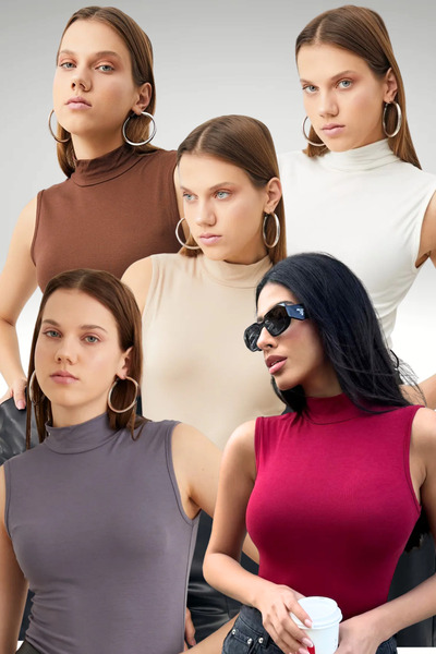 Bipantolon Γυναικείο Σετ 5 Τεμαχίων Οικονομικό Αμάνικο Τοπ Λευκό Κρεμ Καφέ Γκ...