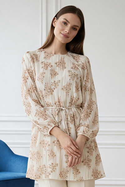 benguen Πουκάμισο σιφόν με μανίκια με σχέδια και μπαλόνια A50906 Μπεζ