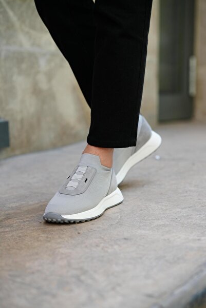 TETRİ Lena Model Hakiki Deri El Yapımı Gri Triko Sneaker Ayakkabı