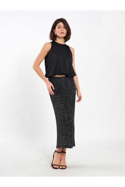 Lefon Pullu midi payet etek