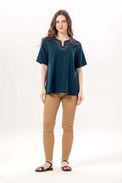 Eliş Şile Bezi Κοντομάνικο Κεντημένο Καλοκαιρινό Ύφασμα Σιλέ με λαιμόκοψη V τ...