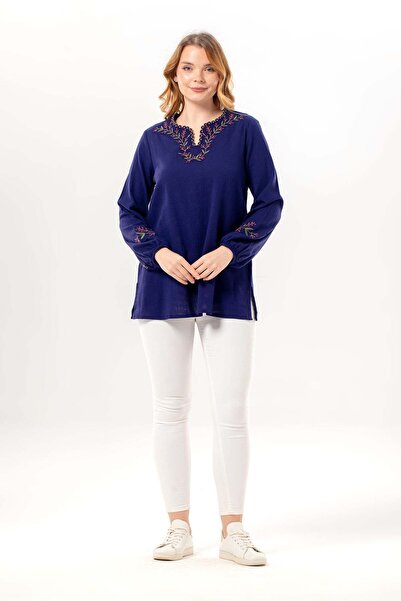 Eliş Şile Bezi Long Sleeve Nevin Embroidery Detailed V-Neck Summer Şile Fabri...