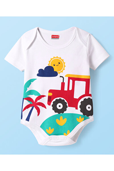 Babyhug بدلة نصف أكمام محبوكة بطباعة ذات طابع استوائي - أبيض