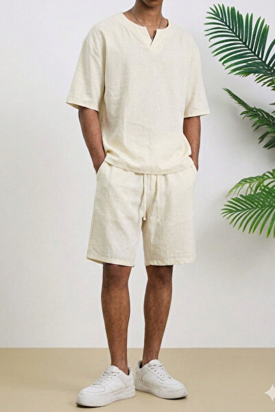 Tarz Cool Ανδρικό σετ σορτς oversized με μπλουζάκι με λαιμόκοψη V και σκίσιμο...