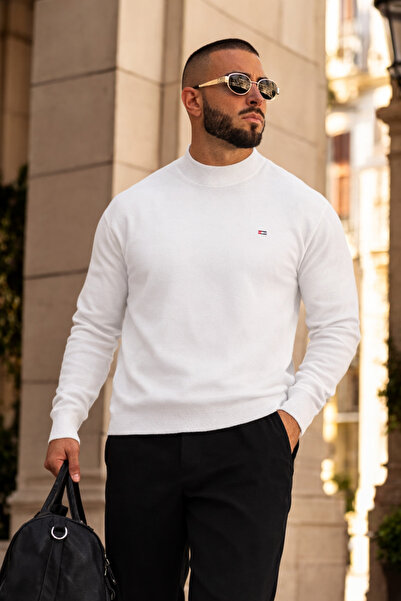hacker Men's Winter Half Turtleneck Premium White Knitwear Sweater