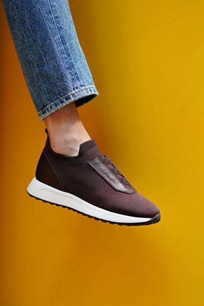 TETRİ Lena Model Hakiki Deri El Yapımı Kahverengi Triko Sneaker Ayakkabı