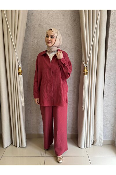 Nuss 1081 Kendinden Çizgili Pantolonlu Takım Red Plum