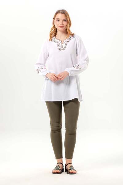 Eliş Şile Bezi Long Sleeve Nevin Embroidery Detailed V-Neck Summer Şile Fabri...