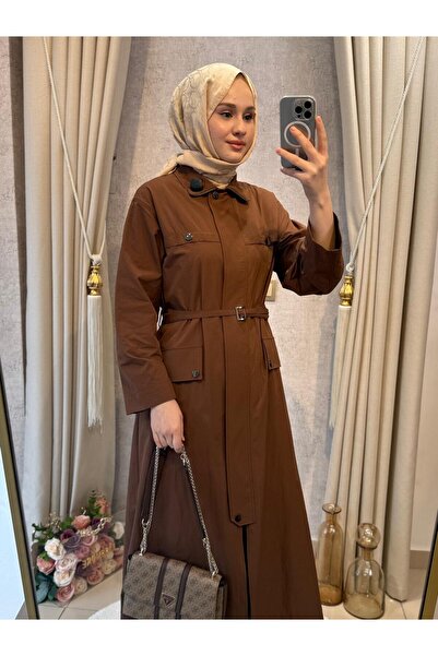 Mimoza Butik Wennora 1035 Doğal Kumaş Trenchkot Kahverengi