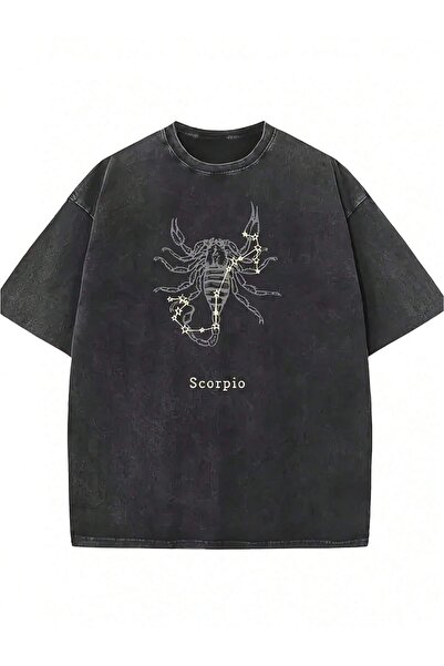 Erkek Vintage Tişört | Akrep Burcu Baskılı Yıkamalı Oversize Kısa Kollu T-Shirt