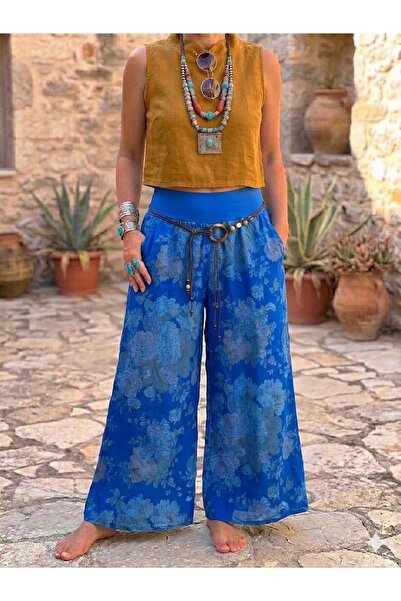 AYASOFYA OTANTIK Γυναικείο ιταλικό λινό παντελόνι με μπλε τριαντάφυλλο σχέδιο...