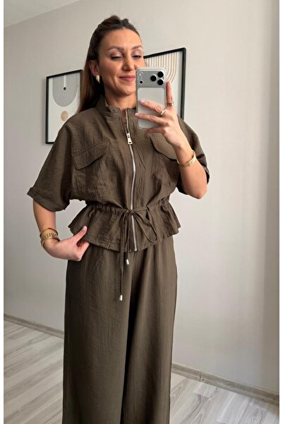 BELLA FASHION Σετ παντελόνι με κοντομάνικο χακί σακάκι με δέσιμο στη μέση