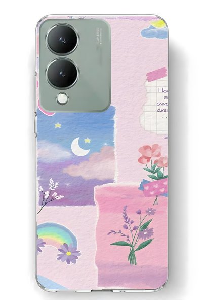 FLAMENKO Vivo Y17S Compatible Pastel Floral Moon and Rainbow Pattern Transpar...