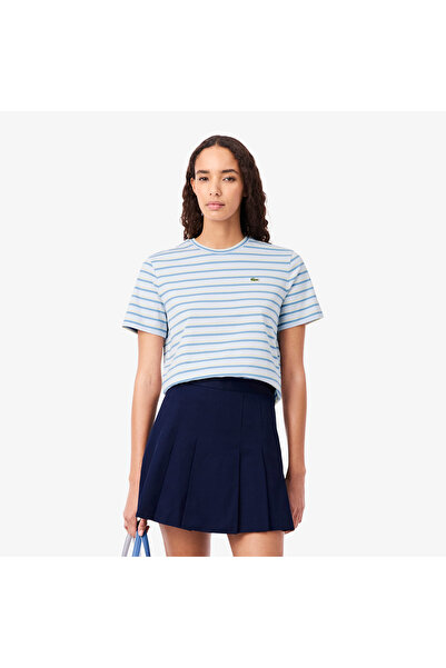 Lacoste Kadın Regular Fit Bisiklet Yaka Çizgili Mavi T-Shirt