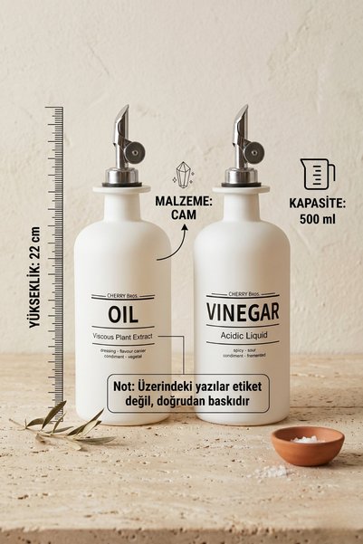 Poomy 2'li Cam Yağlık Sirkelik Seti 500 ml Beyaz Mat Dekoratif Mutfak Seti 22 cm