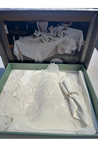Vinezza Home Collection 34 Parça Dertsiz Keten Fransız Dantelli Yemek Masası ...