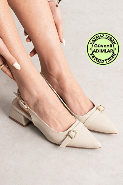 remss 5cm Two Buckle Short Heeled Shoes Tesla Patent Leather Beige